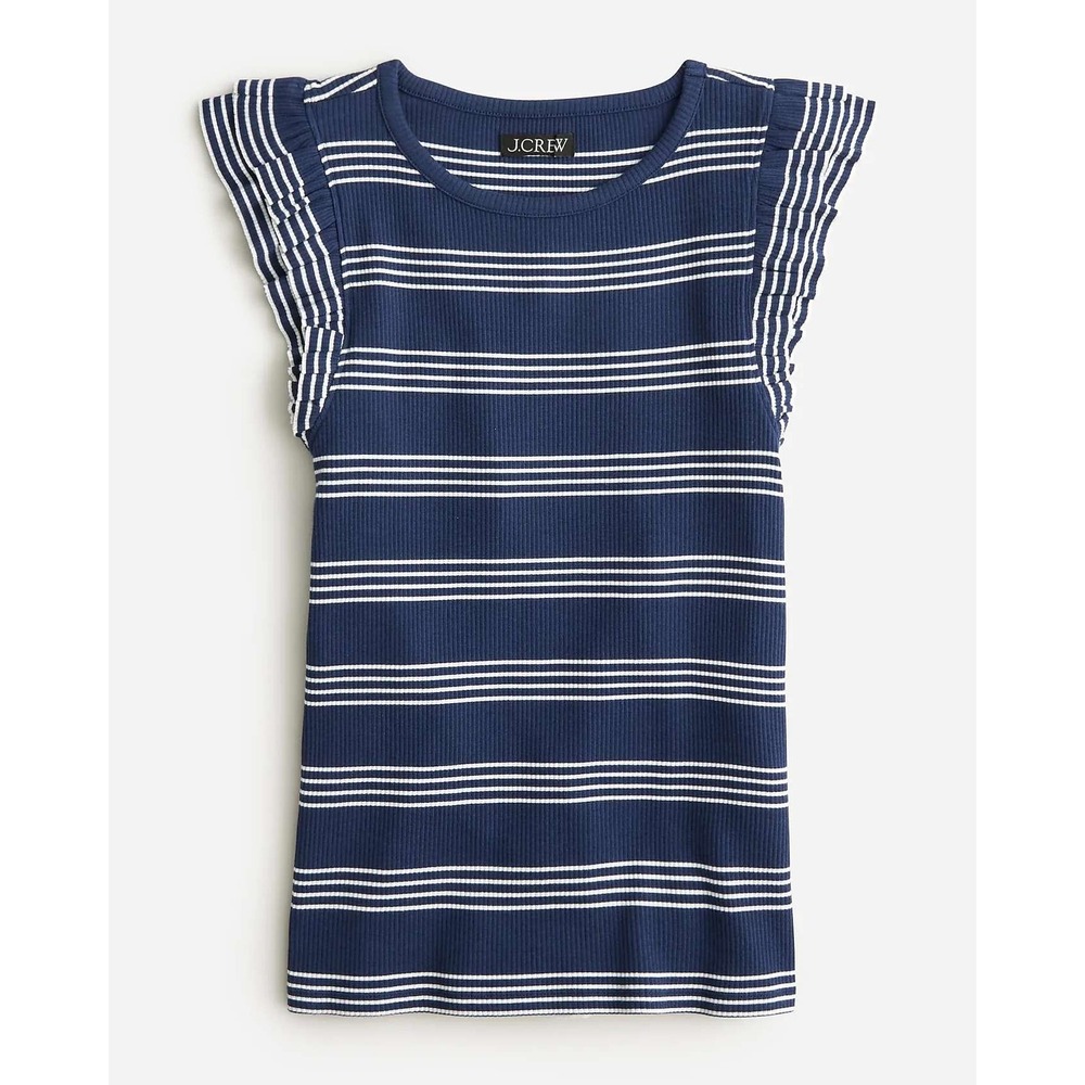 J. Crew Women's Vintage Rib Ruffle Sleeve Shirt Stripe Navy White- XS - Picture 2 of 7